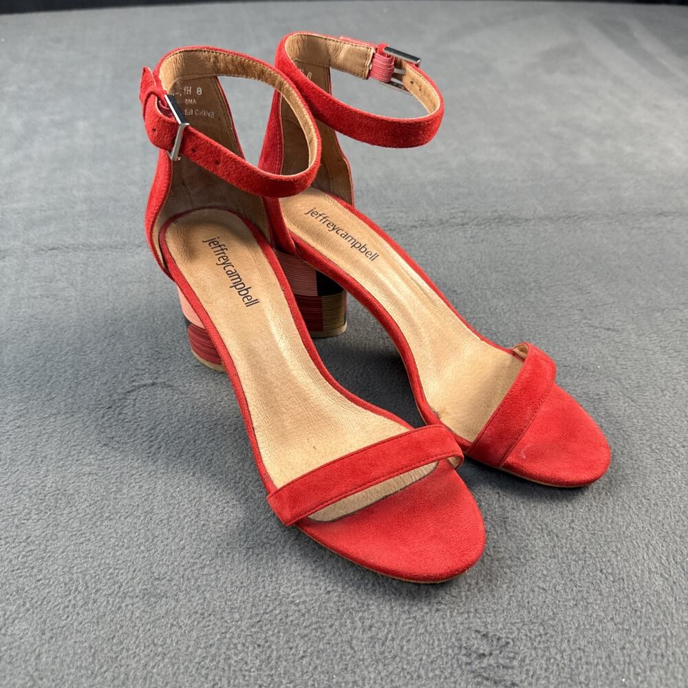 Jeffrey Campbell Red Ankle Strap Block Heels Accents Shoes Sandals Size 8